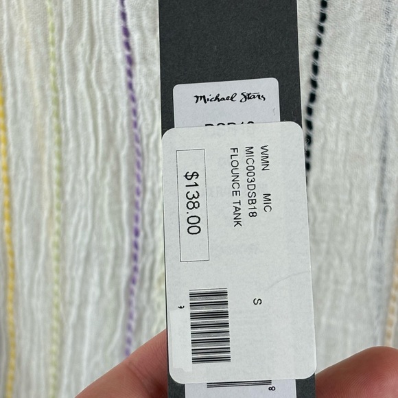 Michael Stars White Deep V  Neck Tasseled Striped Peplum Flounce Tank Top Size S - Picture 6 of 11